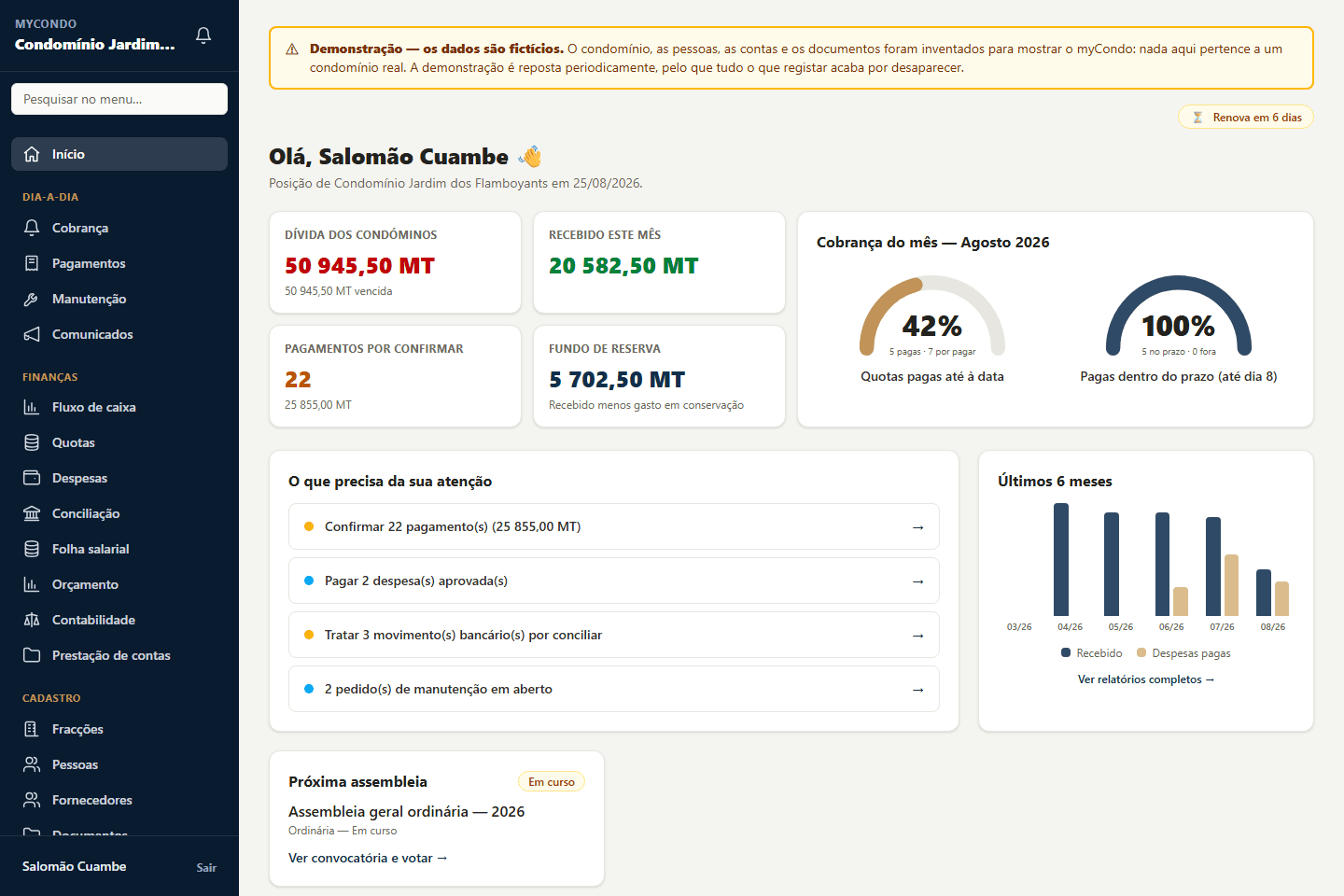 Painel financeiro do myCONDO com quotas, pagamentos e saldo